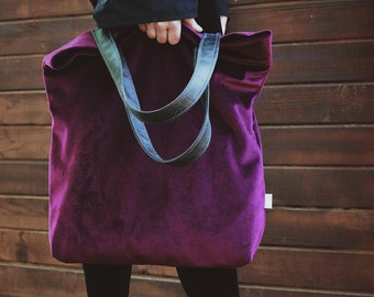 Sac Mr.m Velvet Burgundy- violet- velvet Tote Bag -Large Wood Tote - Velvet Travel Bag - Velvet Market Bag - Shopper Bag- Original Bag