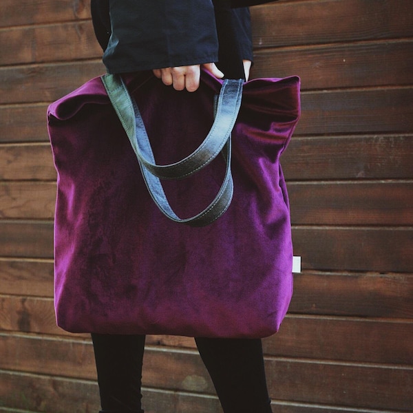 Bag Mr.m Velvet  Burgundy-  violet- velvet Tote Bag -Large Wood Tote - Velvet Travel Bag - Velvet Market Bag - Shopper Bag- Original Bag