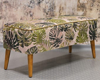 Mr M Monstera Bench, bedroom bench, upholstered bench, comfortable bench, entryway bench, modern bench, loft style, tropical botanical style