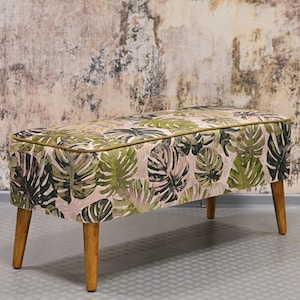Mr M Monstera Bench, bedroom bench, upholstered bench, comfortable bench, entryway bench, modern bench, loft style, tropical botanical style