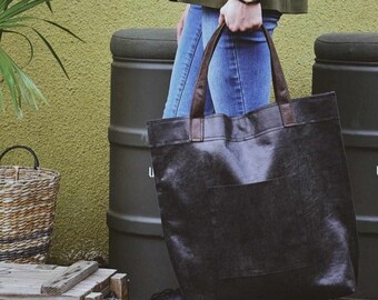 Mr M Vintage Bag - Black Leather Tote Bag - Large Black Tote - Black Leather Travel Bag - Leather Market Bag - Large Shopper Bag