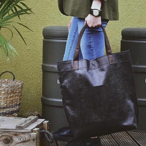 Mr M Vintage Bag - Black Leather Tote Bag - Large Black Tote - Black Leather Travel Bag - Leather Market Bag - Large Shopper Bag