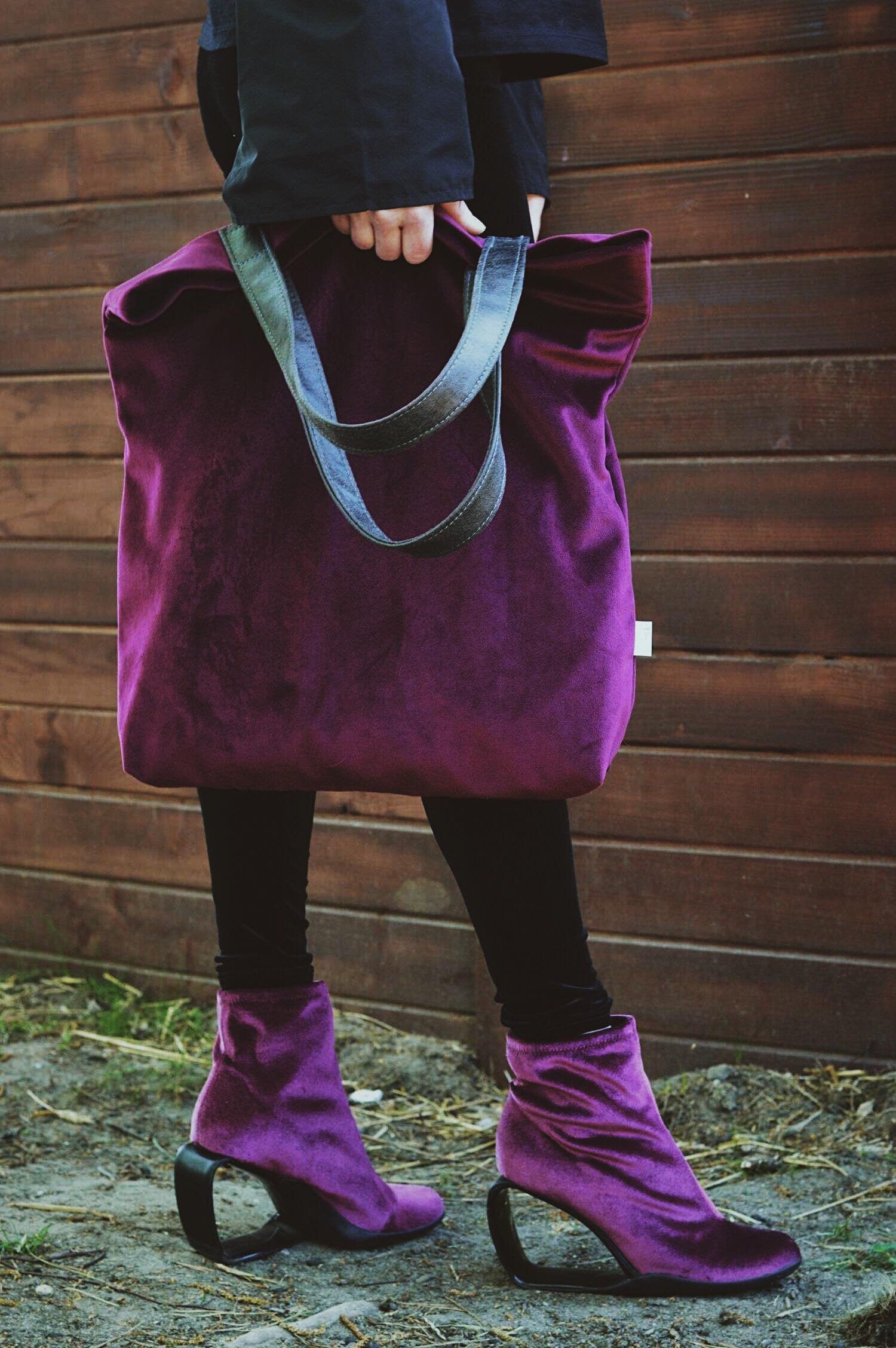 Bag Mr.m Velvet Burgundy- Violet- Velvet Tote Bag -large Wood Tote