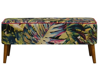 Mr M Monstera Bench, bedroom bench, upholstered bench, comfortable bench, entryway bench, modern bench, loft style, tropical botanical style