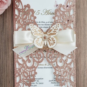 Really Beautiful Rose Gold Glitter Invitation With Butterfly - Etsy Really Beautiful Rose Gold Glitter Invitation With Butterfly - Etsy