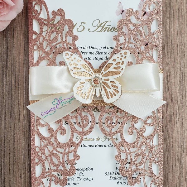 Really beautiful rose gold glitter invitation with butterfly theme/quinceañera/Sweet16/weddings