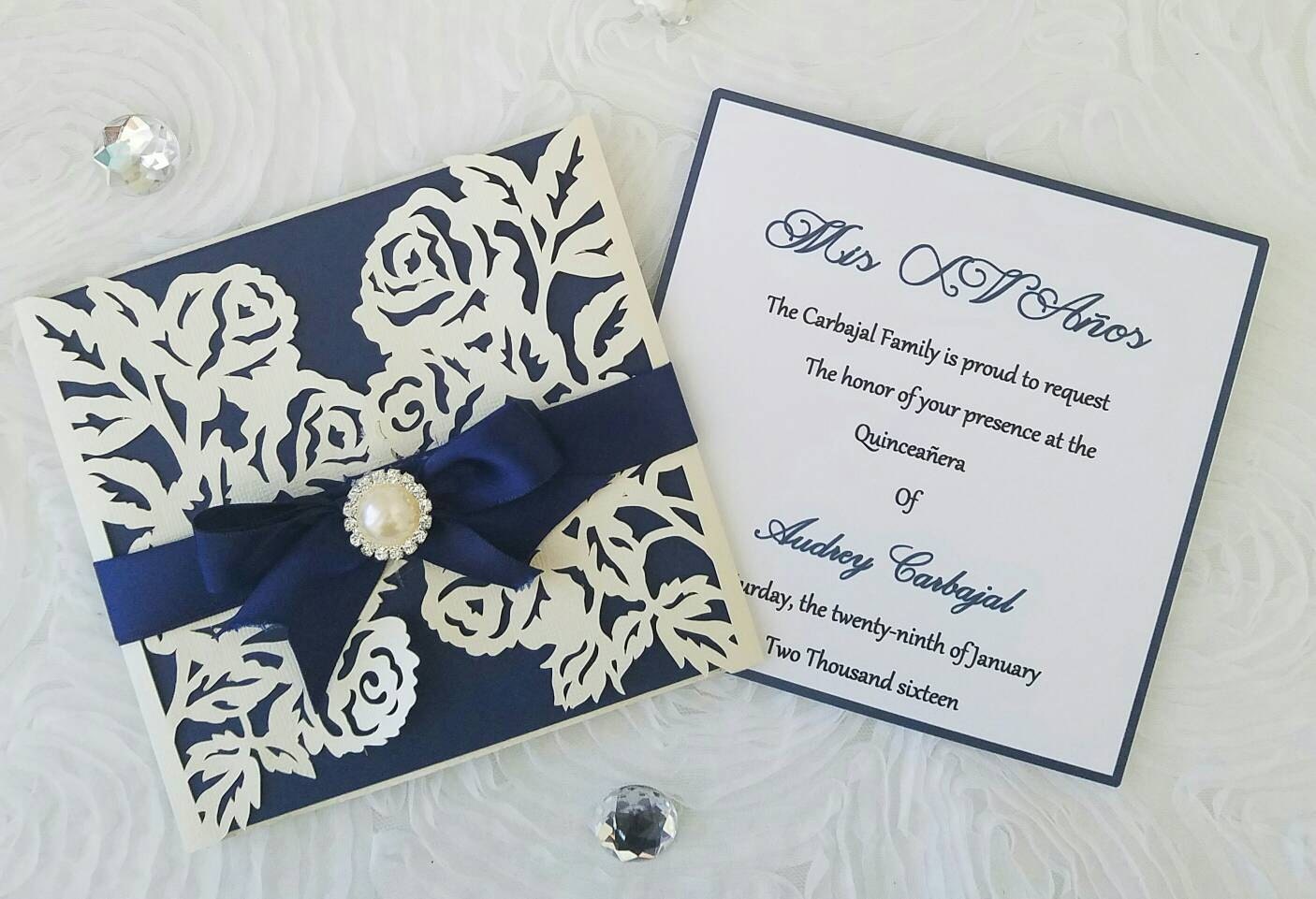 Navy Beauty And The Beast Inspired Floral Laser Cut Quinceanera Invitation  EWXV017