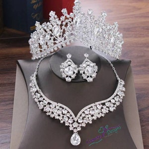 Crystal Water Drop Quinceañera/BridalJewelry Sets Rhinestone Tiaras Crown Necklace Earrings for Quinceañeras, Weddings or Special occasion