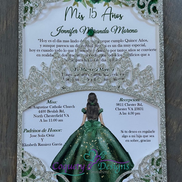 Beautiful emerald green and silver princess invitation/Quinceañeras/Sweet16/Weddings/Birthdays
