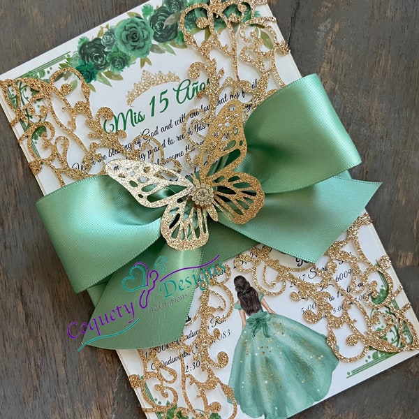 Beautiful sage green butterfly invitation|Quinceañeras|Weddings|Baby shower|Birthdays|Sweet16