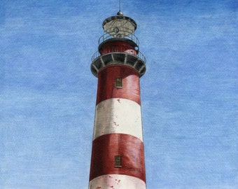 May include: A red and white striped lighthouse with a black roof and a small white house attached to the base. The lighthouse is set against a blue sky with white clouds.