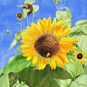 Sunflower with Bees Watercolor, Sunflower Watercolor Print, Floral Print, Sunflower Wall Art, Sunflower Home Decor, Cottagecore Art
