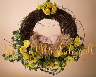 NEWBORN DIGITAL BACKDROP: Yellow Floral Hanging Wreath with Brown Fur