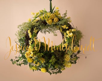 NEWBORN DIGITAL BACKDROP: Yellow Floral Hanging Wreath with Green Moss
