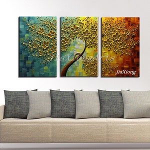 Textured 3D Golden Flower Tree Oil Painting on Canvas, Ready to Hang (3 Piece)