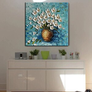 Original Oil Painting Handmade Art Oil Painting on Canvas White 3D Texture Flowers Painting Modern Home Living Room Decor Canvas Wall Art