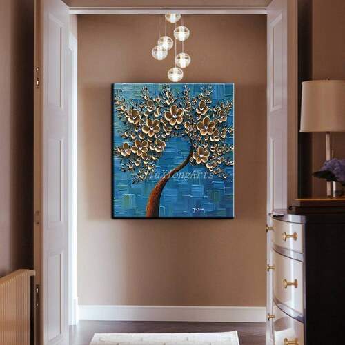 Original Oil Painting Handmade Art Palette shops Knife Golden Flowers Painting Modern Home Framed Painting Canvas Wall Art Painting READY TO HANG