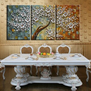 Dipinto di albero con fiori in 3D, olio originale su tela, teso e incorniciato