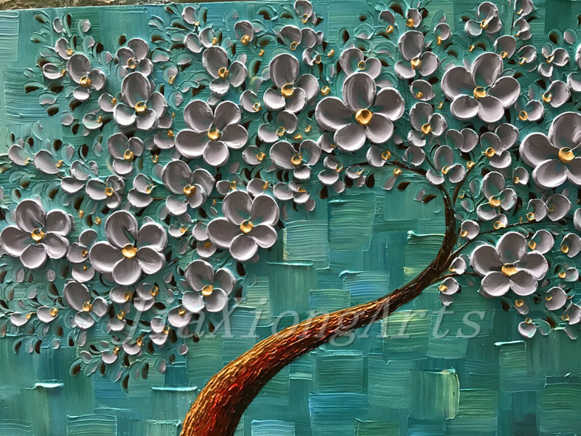 Oil Painting Original on Canvas 3D Texture Palette Knife Silver Flowers