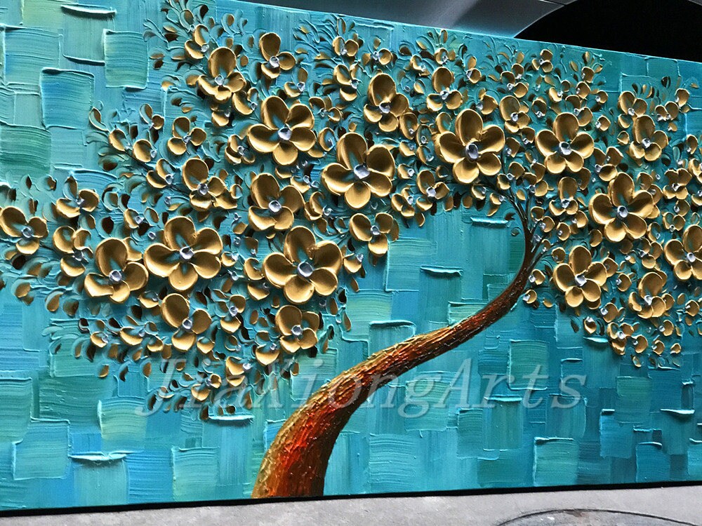 Buy Oil Painting Golden Flowers Original Art on Canvas 3D Texture