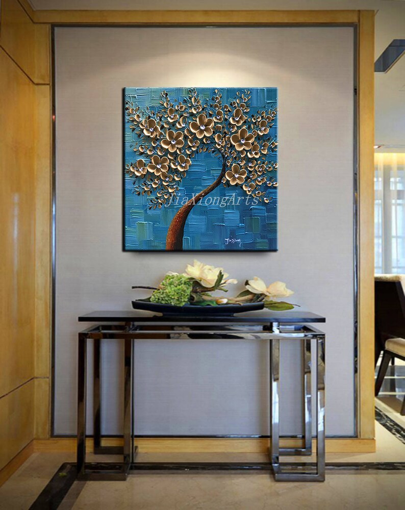 Original Oil Painting Handmade Art Palette shops Knife Golden Flowers Painting Modern Home Framed Painting Canvas Wall Art Painting READY TO HANG