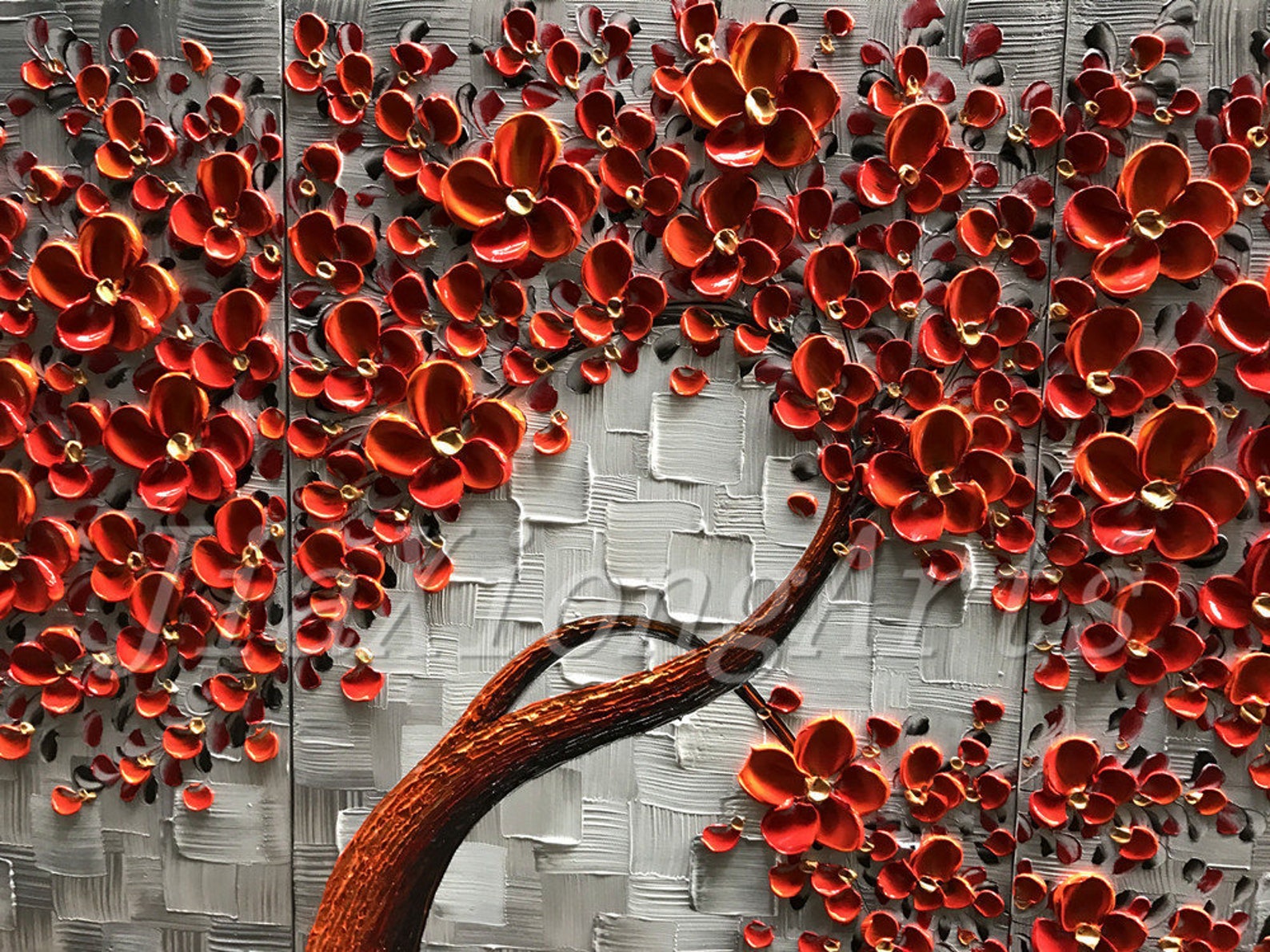 Original Handmade 3 Piece Oil Painting on Canvas Texture 3D Red Flowers