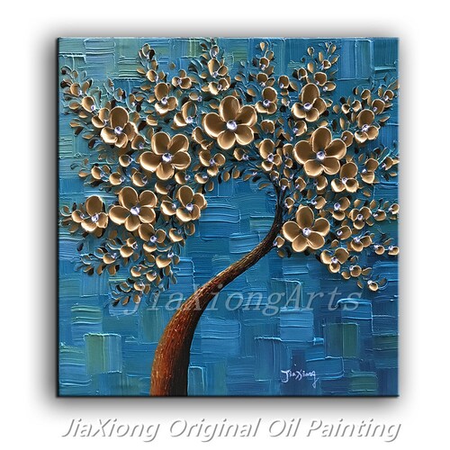 Original Oil Painting Handmade Art Palette shops Knife Golden Flowers Painting Modern Home Framed Painting Canvas Wall Art Painting READY TO HANG