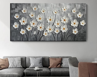 Pintura al óleo de flores 3D hecha a mano sobre lienzo, arte abstracto en blanco y negro