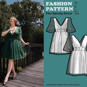 May include: A woman wearing a dark green lace dress with a V-neck and short sleeves. The dress is knee-length and has a full skirt. Next to the woman is a fashion pattern for "The Spring Dress" in sizes XS to XXL.