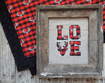 Red Plaid LOVE Sign - Woodland Baby Shower Gift -Reclaimed Wood Decor - Rustic Nursery Wall Art -Lumberjack Baby -Red Plaid Baby Gift