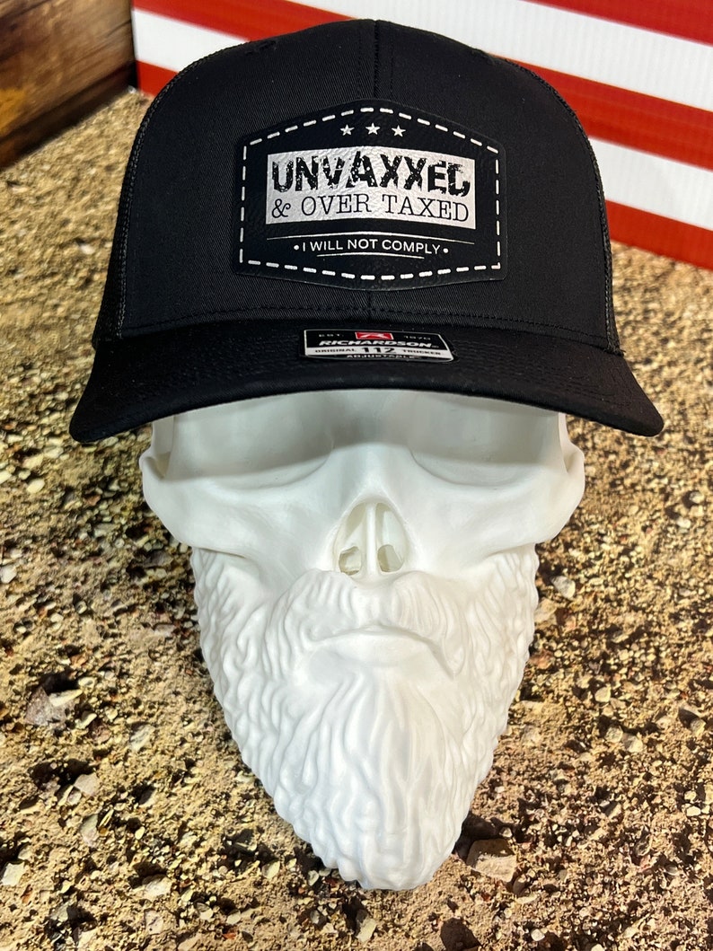 UNVAXXED & Overtaxed Richardson 112 Trucker Hat Black/Black Mesh with Black/Silver Patch