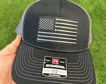 Mechanics Wrench Flag Hat Engraved Leatherette on a Richardson 112 Trucker Hat.