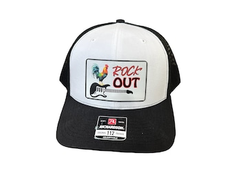 Rock Out UV Printed Custom Patch Hat with Premium Leatherette on a Richardson 112 Trucker Hat