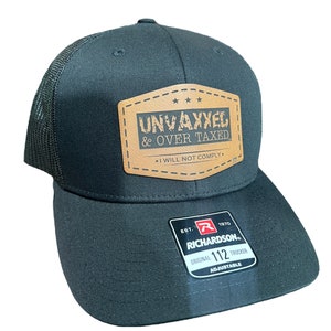 UNVAXXED & Overtaxed Richardson 112 Trucker Hat Black/Black Mesh with Brown/Black Patch