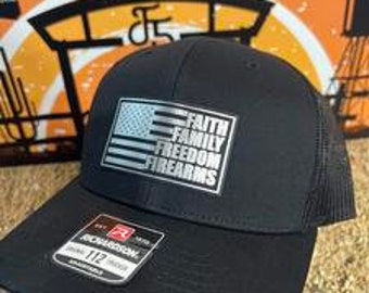 Faith Family Freedom Hat with a Premium Leatherette Patch! Richardson 112 Trucker Hat Baseball Cap Summer Winter