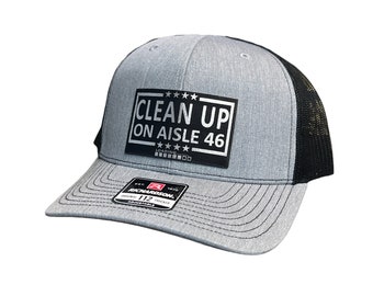 Cleanup On Aisle 46 Premium Leatherette Patch on Richardson 112 Trucker Hat