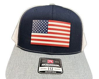 American Flag Hat UV Printed Premium Leatherette Patch on a Richardson 112 Trucker Hat.