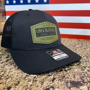 UNVAXXED & Overtaxed Richardson 112 Trucker Hat Black/Black Mesh with Green/Black Patch
