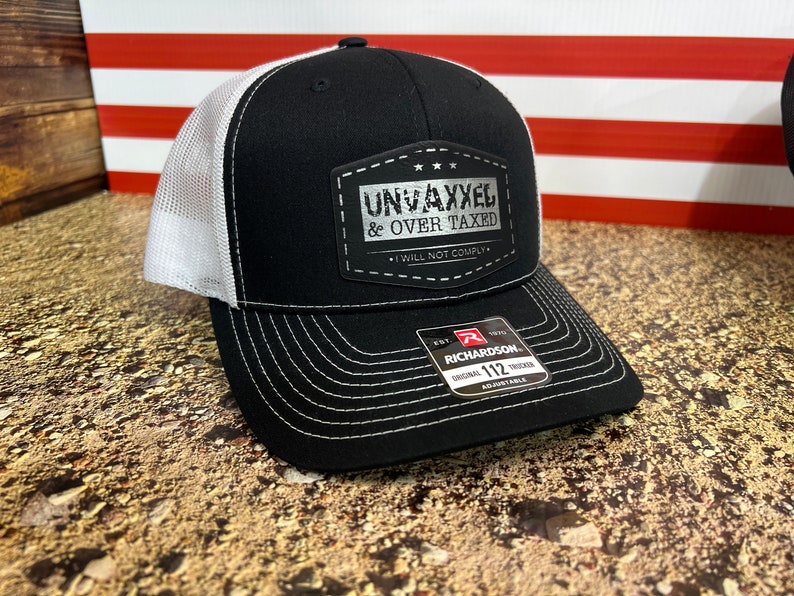 UNVAXXED & Overtaxed Richardson 112 Trucker Hat Black/White Mesh with Black/Silver Patch