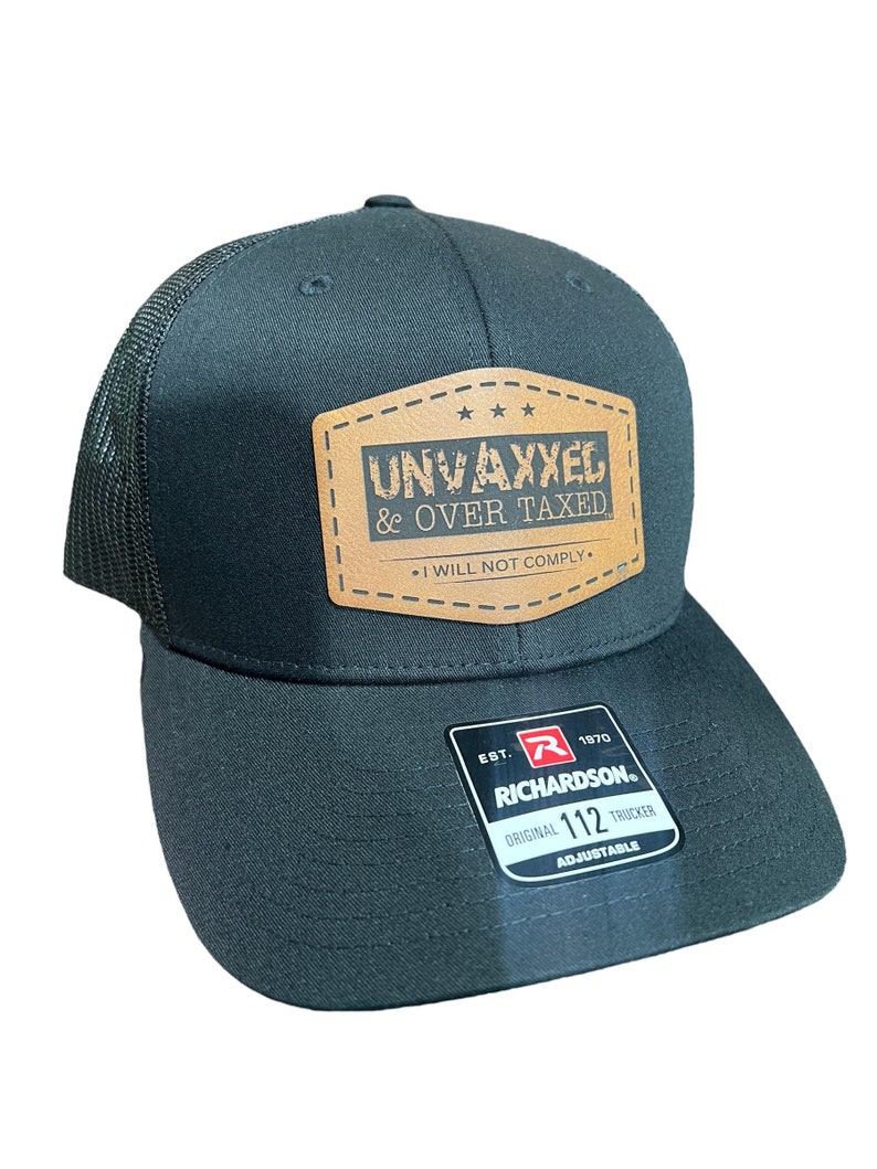 UNVAXXED & Overtaxed Richardson 112 Trucker Hat Black/Black Mesh with Brown/Black Patch