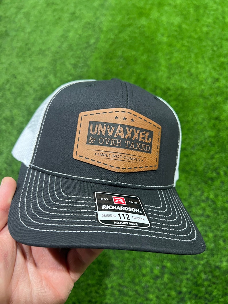 UNVAXXED & Overtaxed Richardson 112 Trucker Hat Black/White Mesh with Brown Patch