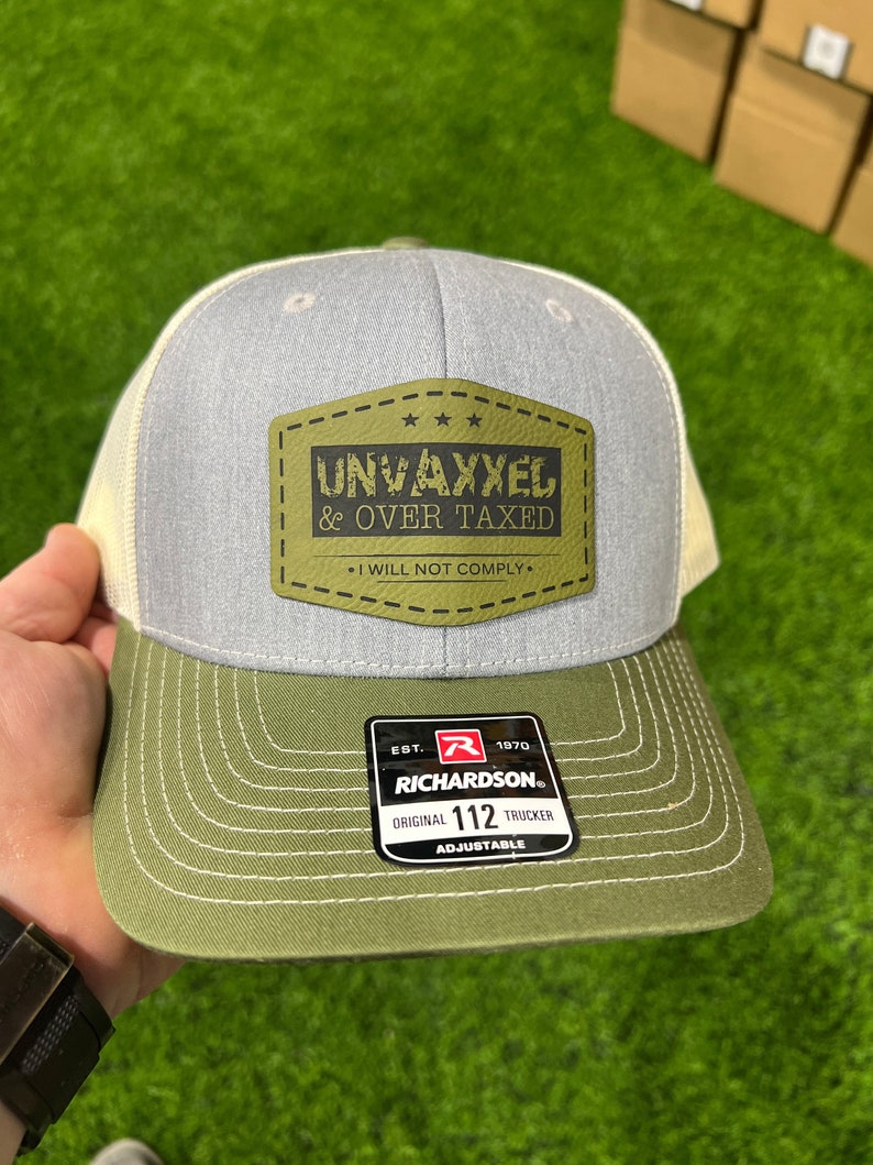 UNVAXXED & Overtaxed Richardson 112 Trucker Hat Green/Grey with Green Patch