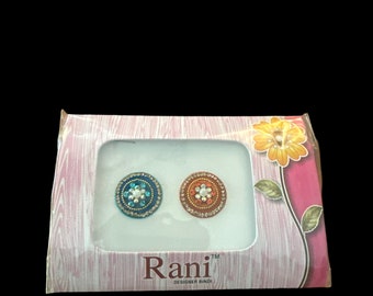 1 Pack Luxury Bridal Indian Bindi Temporary Forehead Tattoo Sticker Blue Light Blue Orange Color Gold Crystal Bindi #208