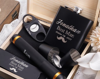 Groomsmen Gifts, Personalized Flask Set with Wooden Box, Groomsman Bottle Opener, Engraved Cigar Tube, Bestman Gift