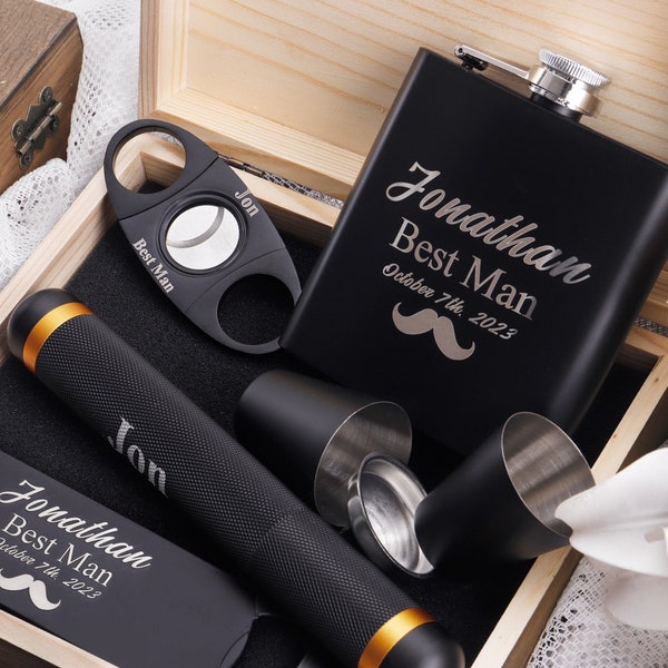 Groomsmen Gifts, Personalized Flask Set with Wooden Box, Groomsman Bottle Opener, Engraved Cigar Tube, Bestman Gift