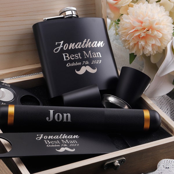 Personalized wedding Flask set, groomsmen gifts, best man proposal, engraved cigar tube/bottle opener/cigar cutter