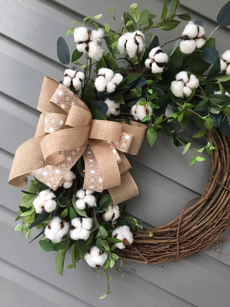 Farmhouse Cotton Wreath for Front Door Year Round Wreath Country Wreath Welcome Wreath Rustic Wreath Greenery Cotton Wreath