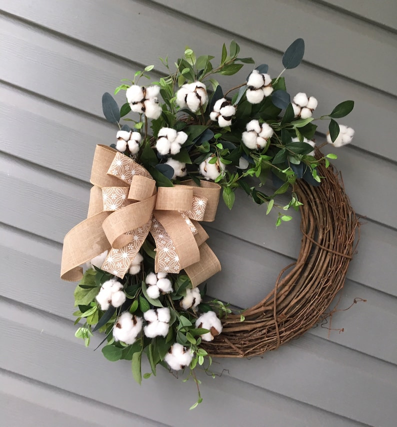 Farmhouse Cotton Wreath for Front Door Year Round Wreath Country Wreath Welcome Wreath Rustic Wreath Greenery Cotton Wreath