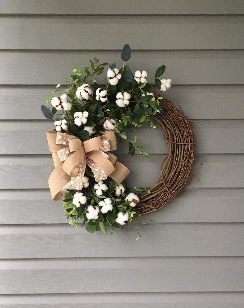 Farmhouse Cotton Wreath for Front Door Year Round Wreath Country Wreath Welcome Wreath Rustic Wreath Greenery Cotton Wreath