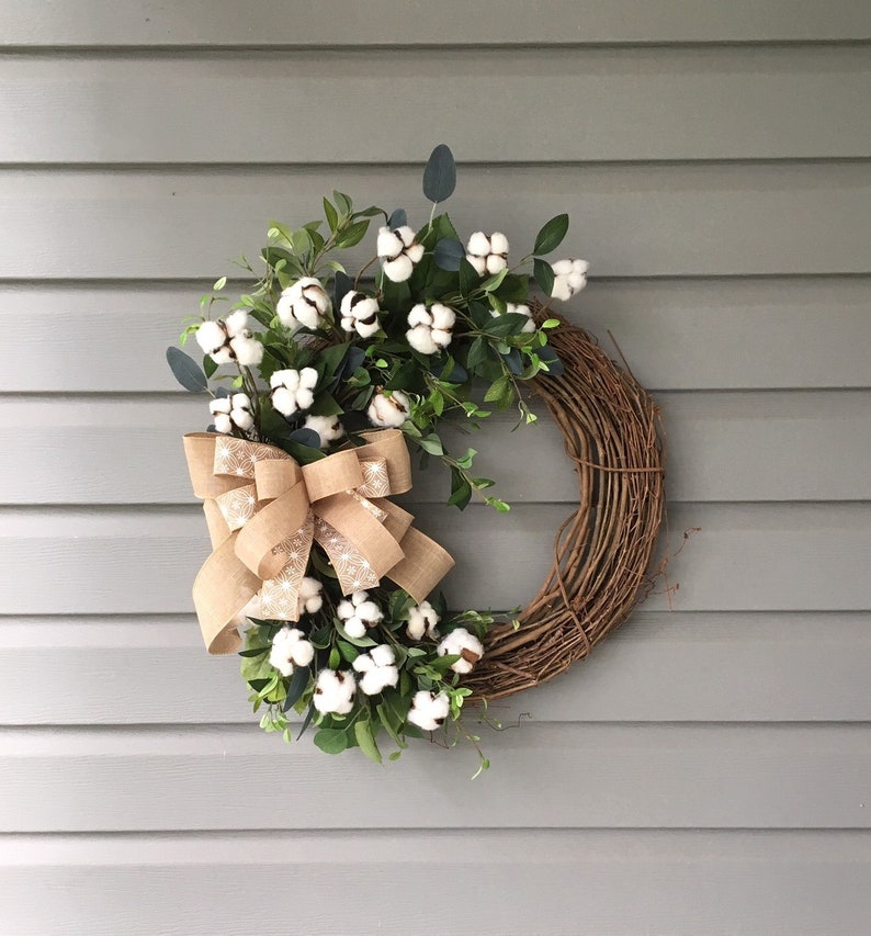Farmhouse Cotton Wreath for Front Door Year Round Wreath Country Wreath Welcome Wreath Rustic Wreath Greenery Cotton Wreath